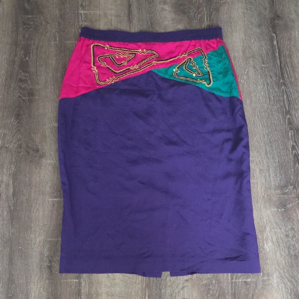 Vintage Orlando Rossi Embroidered Beaded Colorblock Silk Pencil Skirt Size 10